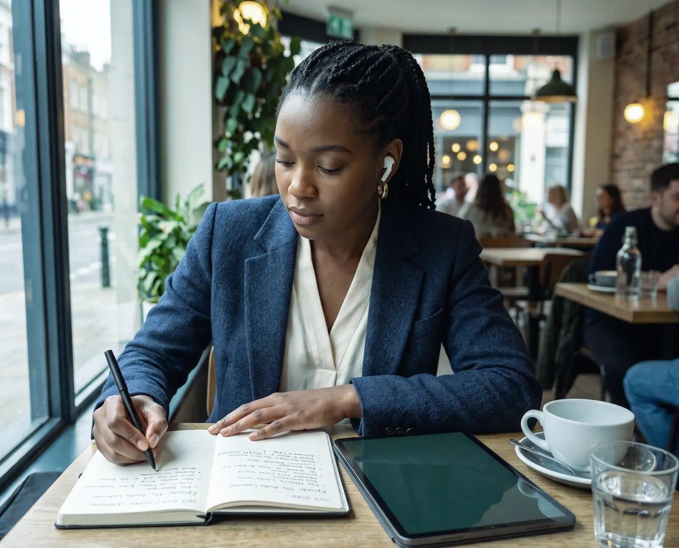 A law student wearing earphones takes notes in a café, with a tablet beside her notebook
